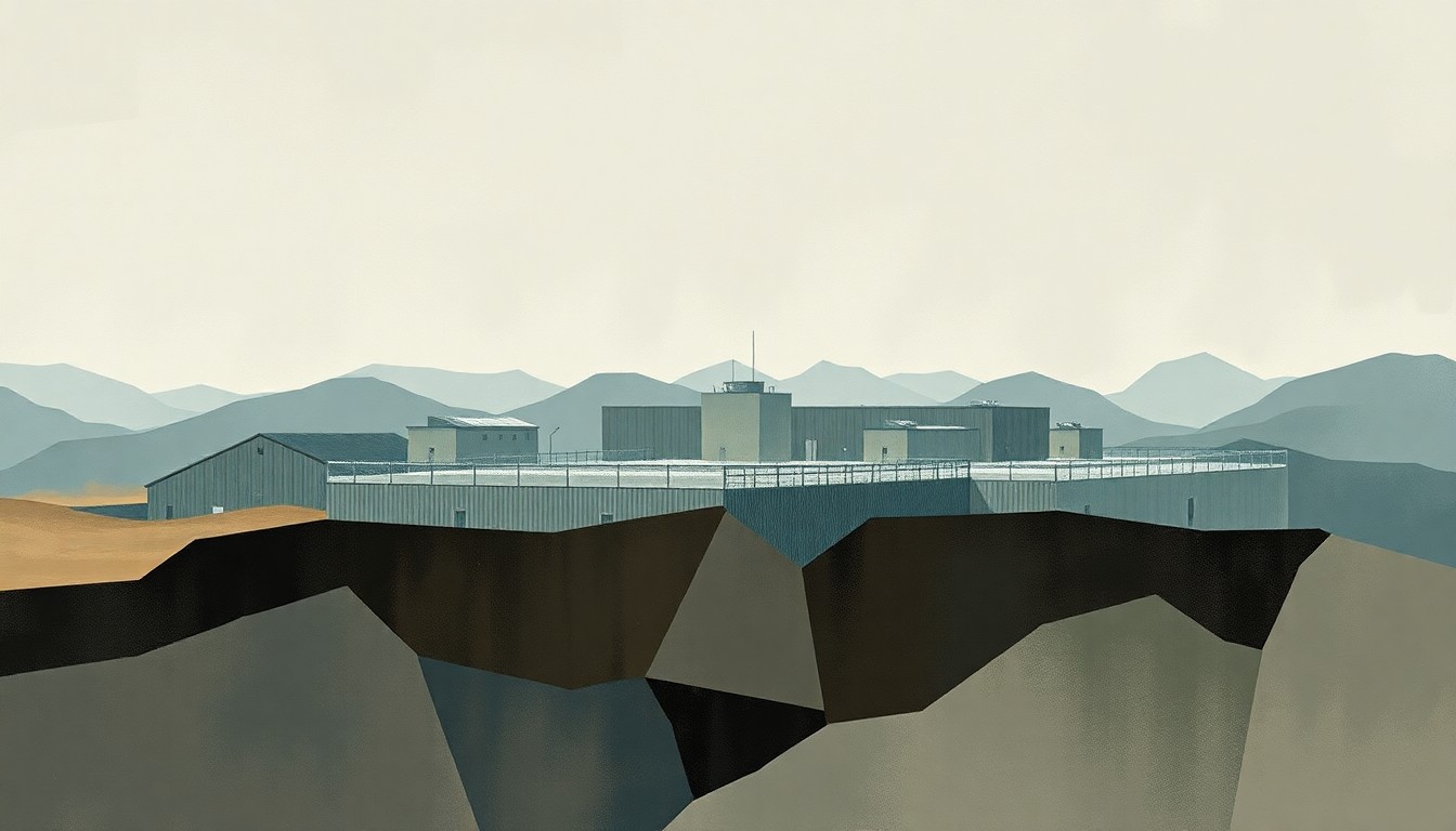 A heavily textured, fragmented painting in muted tones of grey, blue, and brown, depicting an abstract, geometric representation of an ICE detention facility, conveying a sense of chaos and uncertainty.