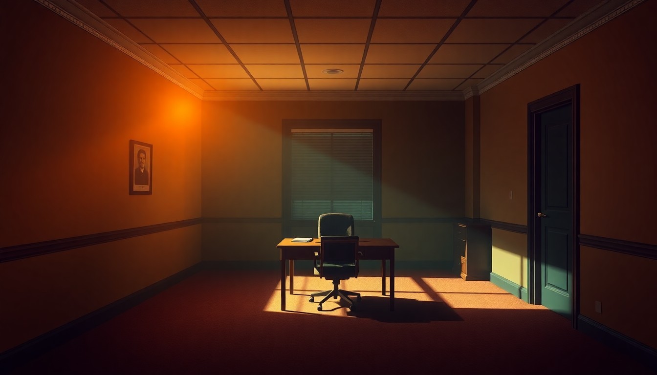 A quiet, cinematic painting of a dimly lit government office space with a lone desk and chair, bathed in warm, diagonal sunlight and deep shadows, conceptually representing the somber mood surrounding a political scandal.