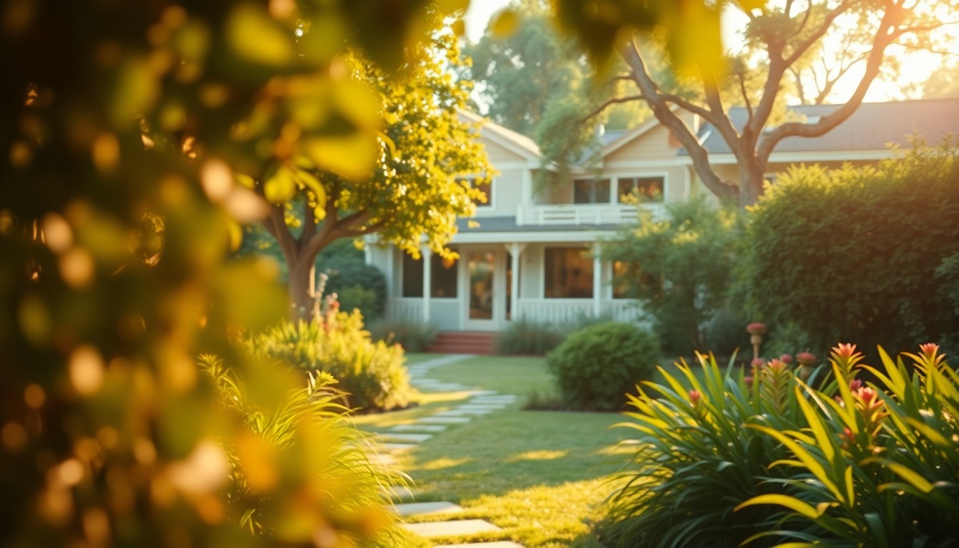 An abstract, out-of-focus photograph featuring a lush, green garden with the faint outline of a mid-century style home in the background, conveying a sense of peaceful, indoor-outdoor living.
