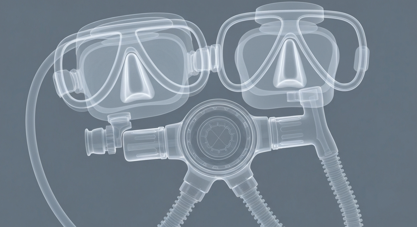 A glowing, ghostly X-ray photograph revealing the complex internal components of a scuba diving regulator and mask, conceptually representing the specialized equipment that enables ventilator-dependent individuals to safely explore the underwater world.