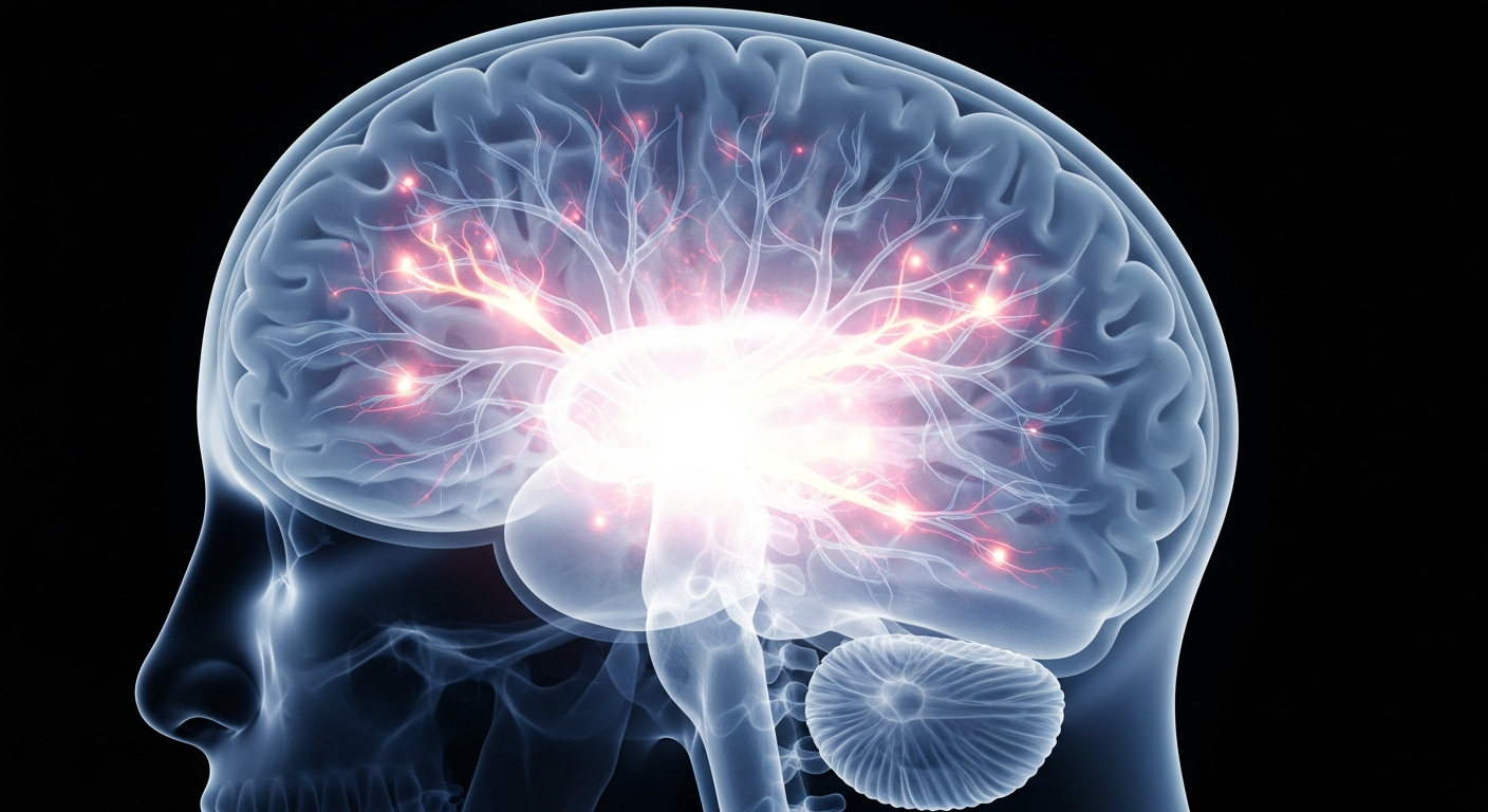 A highly detailed, translucent X-ray-style image of a human brain, with the vascular structures glowing against a dark background, conveying a clinical and investigative mood around the internal structures of the brain.