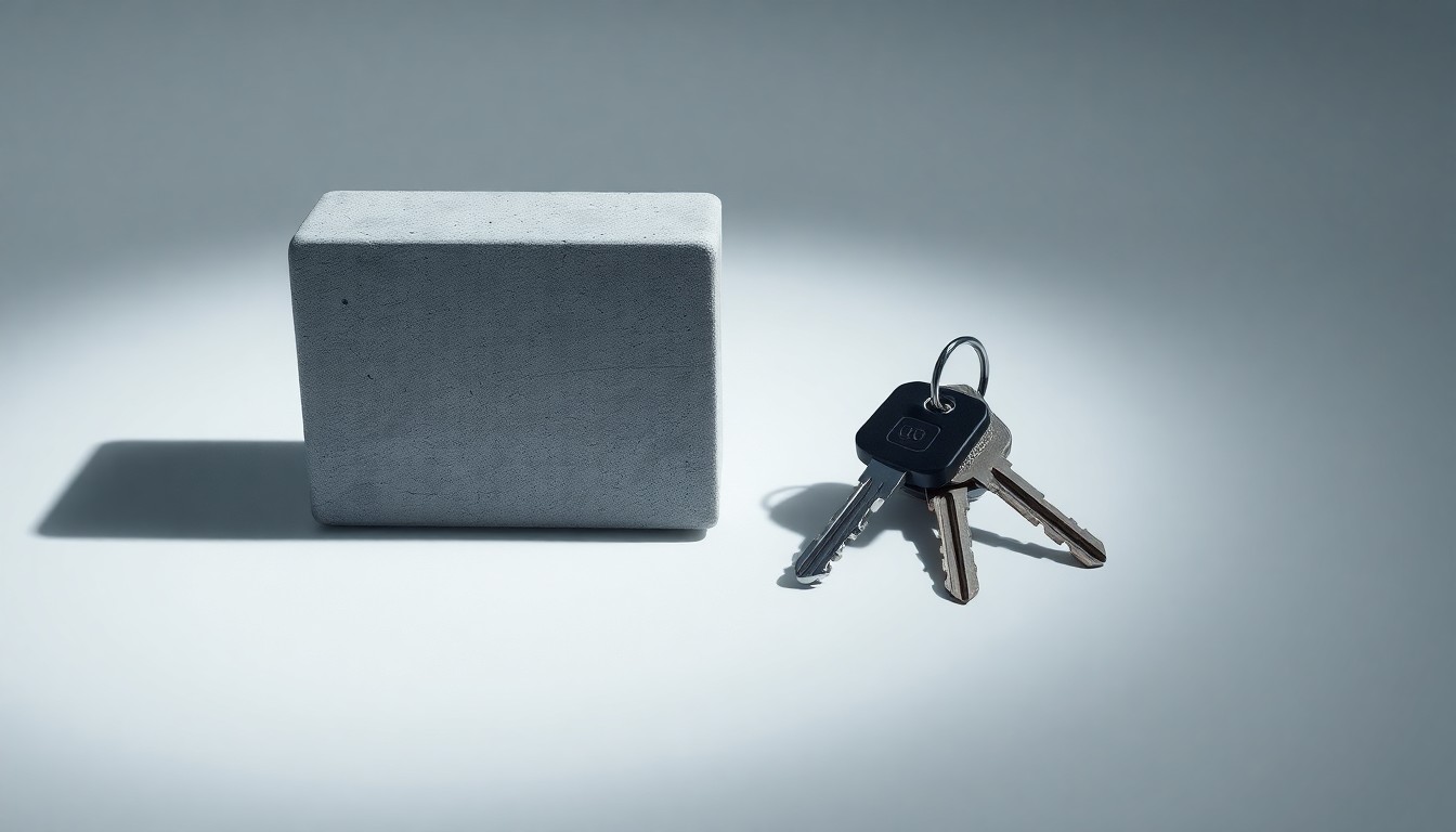 A photorealistic studio still-life image featuring a heavy concrete block and oversized truck keys floating on a clean, monochromatic background, symbolizing the abstract corporate conflict and public safety concerns at the heart of this story.