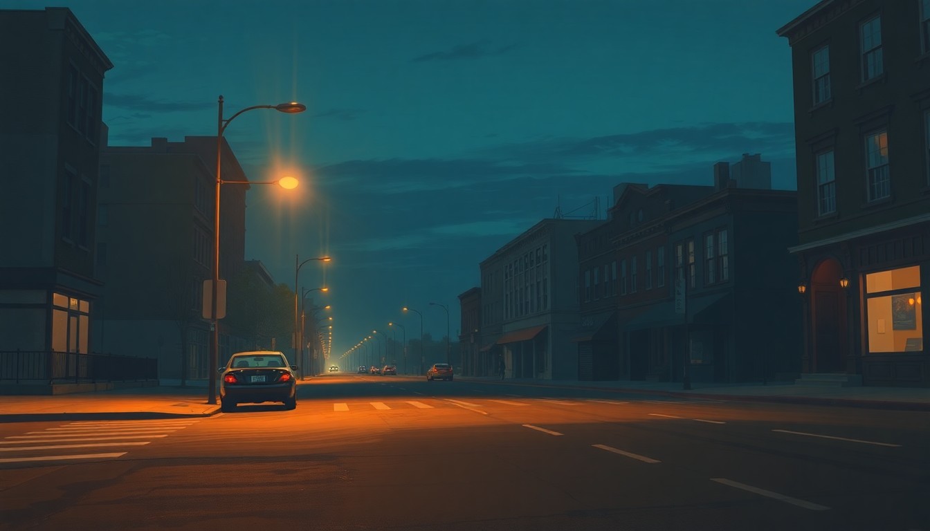 A serene, cinematic painting of an empty city street at dusk, with a lone parked car and a streetlight casting warm, diagonal shadows, capturing a sense of quiet contemplation and the importance of the civil justice system.