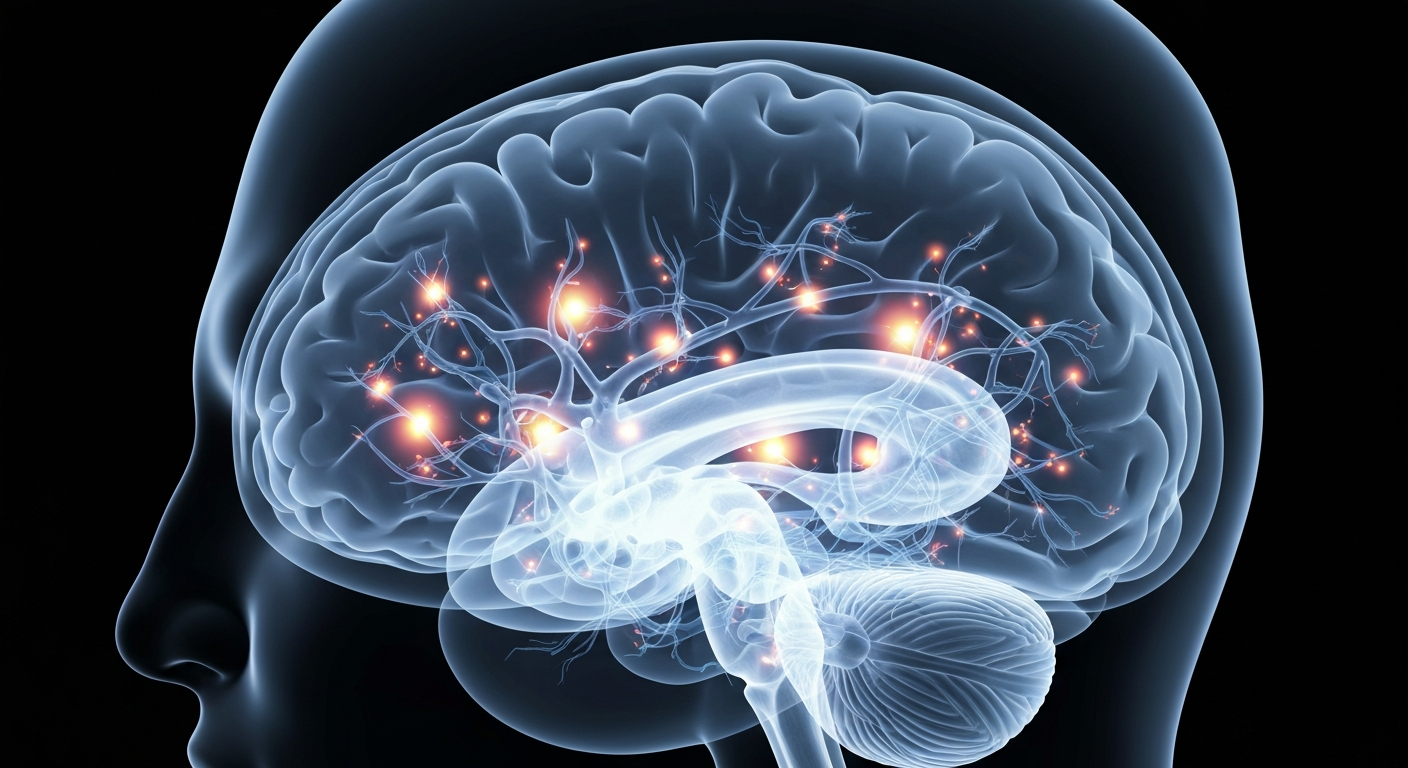 A ghostly, translucent X-ray image of a human brain, with glowing neural pathways and structures, conceptually representing the innovative MeRT therapy approach used by Brain Treatment Center to help regulate brain activity in individuals with autism.