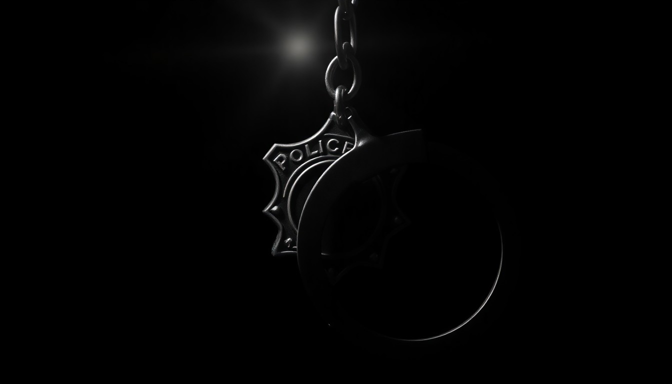 An extreme close-up photograph of a police badge or handcuffs, lit by a harsh, direct camera flash against a pitch-black background, creating a stark, gritty, investigative aesthetic.