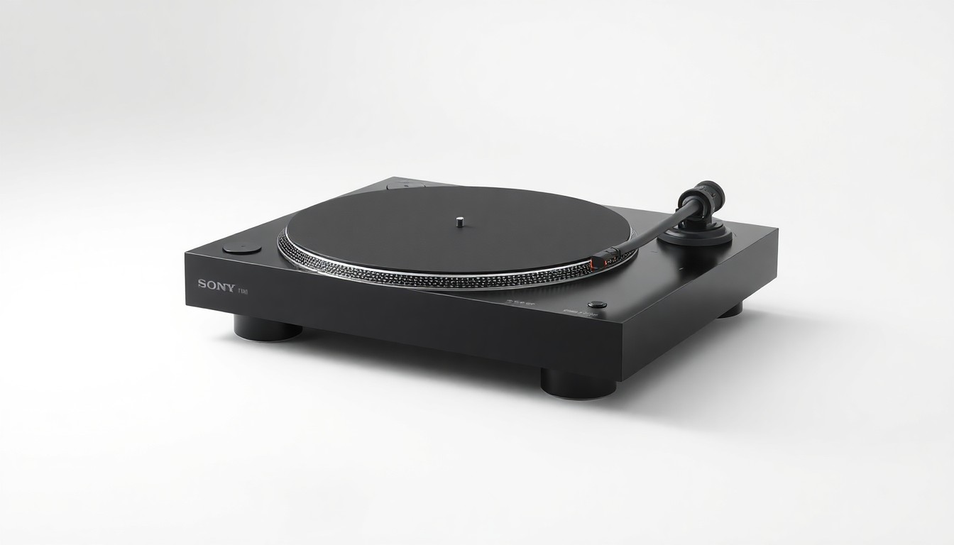 An extreme close-up of the Sony PS-LX5BT turntable, featuring its clean, minimalist design with smooth matte surfaces and subtle metallic accents, conceptually representing the high-quality engineering and audio performance of this modern vinyl playback device.
