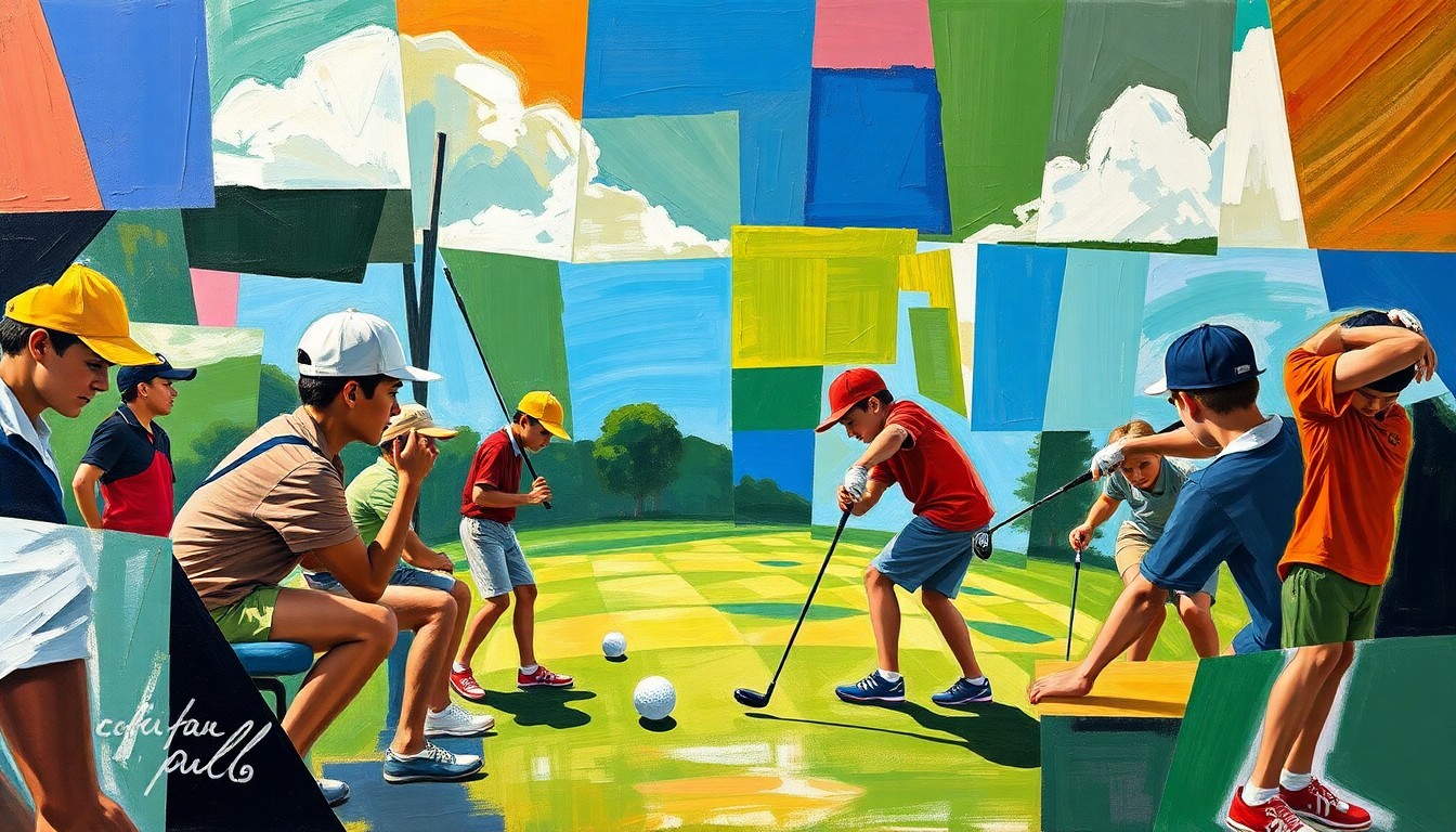 A fragmented, geometric painting depicting the dynamic movements and perspectives of a boys golf match, with sharp lines and overlapping shapes in a vibrant color palette.