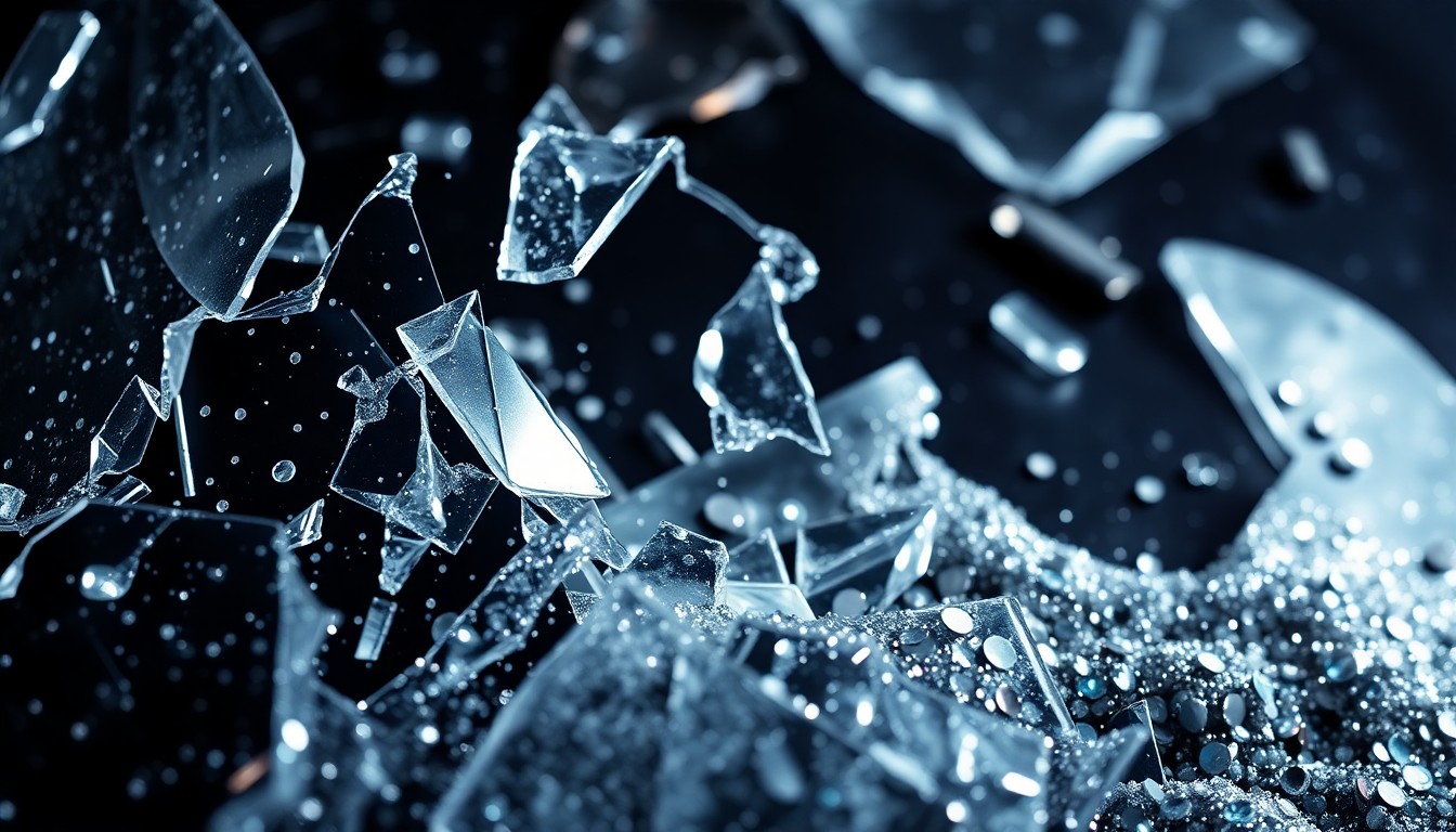 An abstract close-up image featuring shards of glittering glass and sequins, capturing the fragile nature of fame and the creative challenges faced by actors in the entertainment industry.