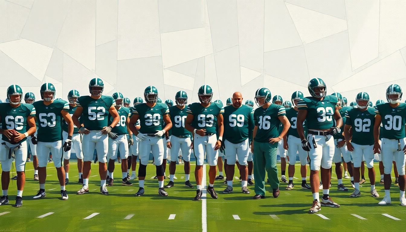 A cubist-style painting depicting a fragmented, multi-angled view of a Michigan State football practice, with players and coaches represented as geometric shapes in the team's green and white colors.