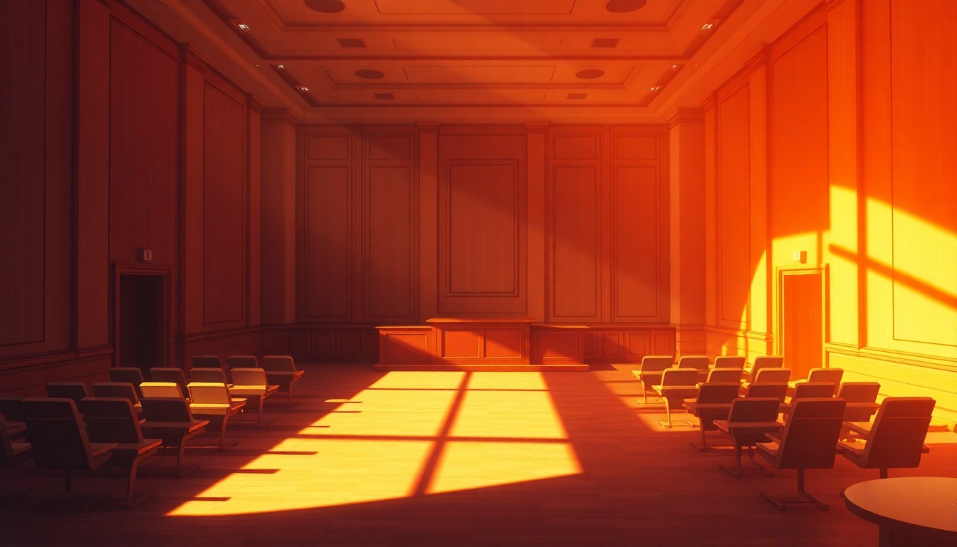 A dimly lit, cinematic painting of an empty courtroom with wooden benches and a judge's bench, the space filled with warm, diagonal sunlight and deep shadows, conveying a sense of quiet contemplation about the legal system.