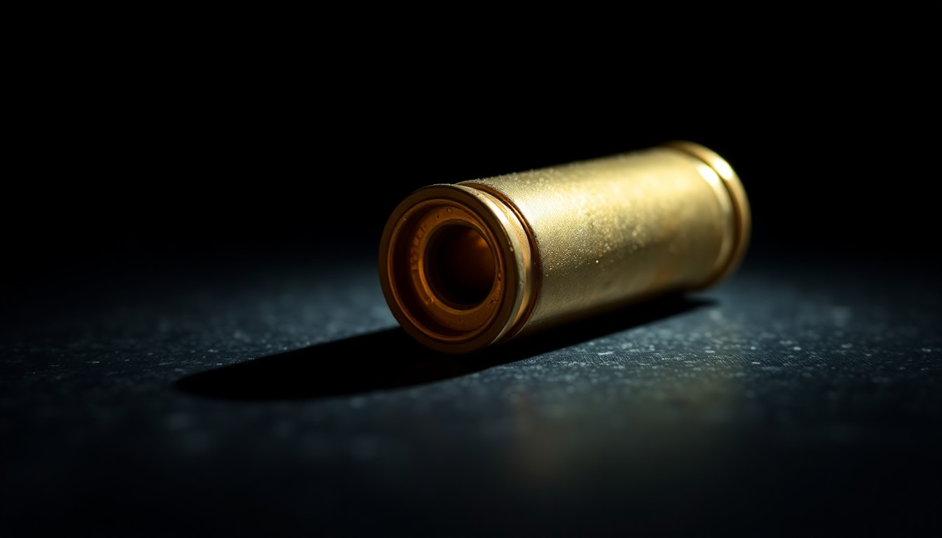 An extreme close-up photograph of a spent bullet casing on a dark surface, lit by a harsh, direct camera flash, conceptually illustrating the aftermath of a domestic violence incident involving a gun.