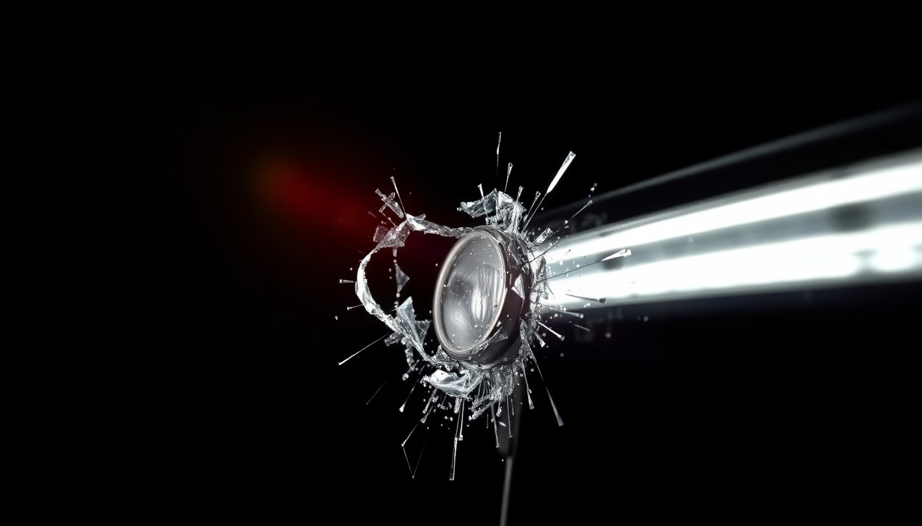 An extreme close-up of a shattered car sensor lens reflecting a faint red light, conceptually illustrating the aftermath of a high-speed pursuit that ended with a PIT maneuver.