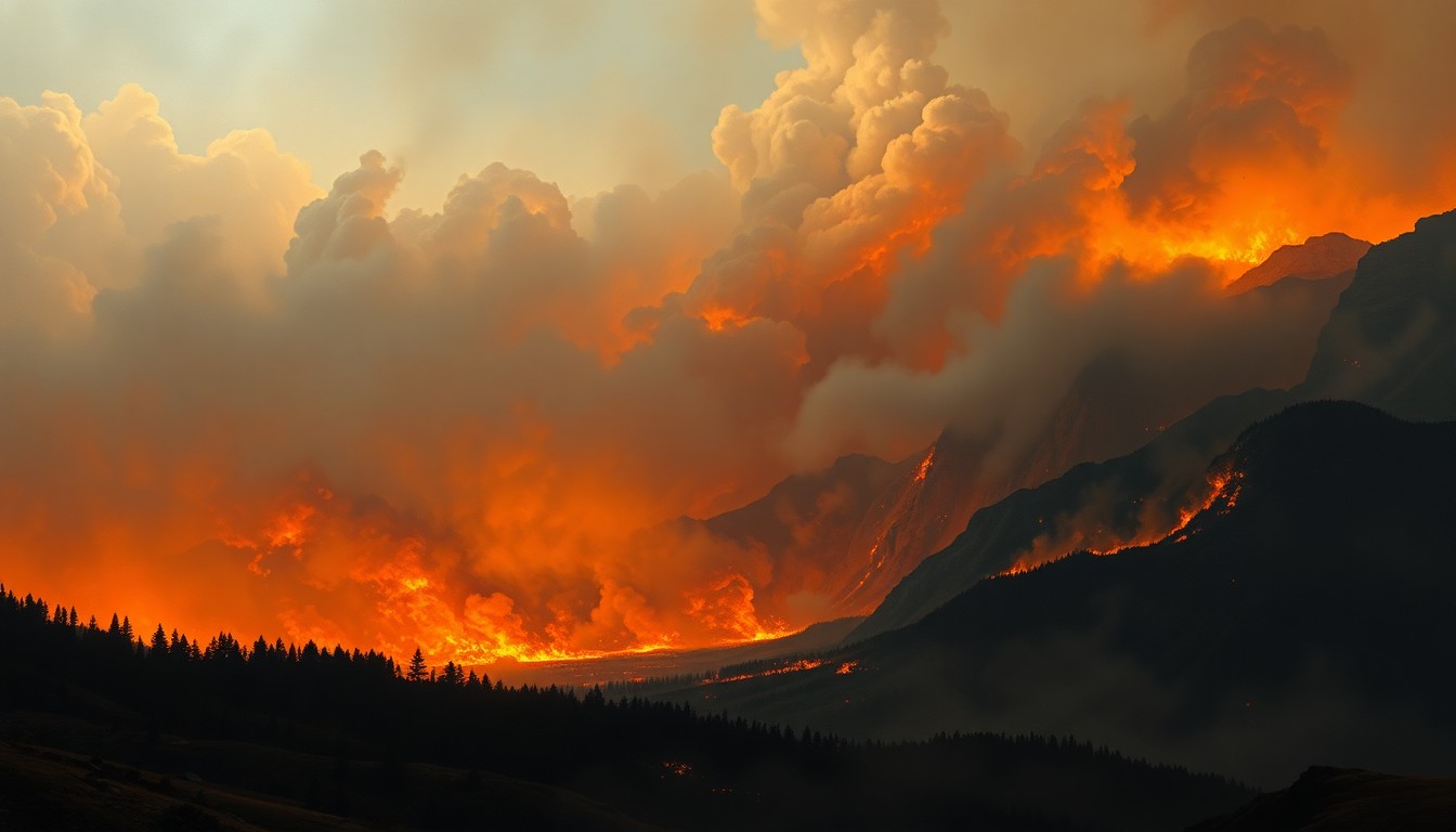 A vast, atmospheric landscape painting depicting a distant wildfire, the flames and smoke obscuring the details of the surrounding environment and conveying a sense of the overwhelming, sublime power of nature.