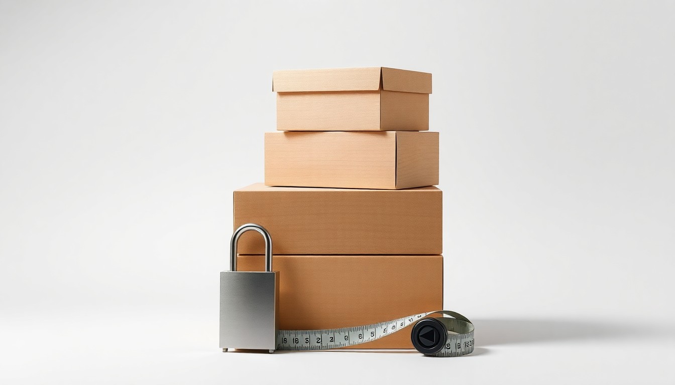A photorealistic studio still life featuring a stack of storage boxes, a padlock, and a tape measure arranged elegantly on a clean, white background, conceptually representing the abstract ideas of corporate strategy, finance, and growth in the self-storage industry.