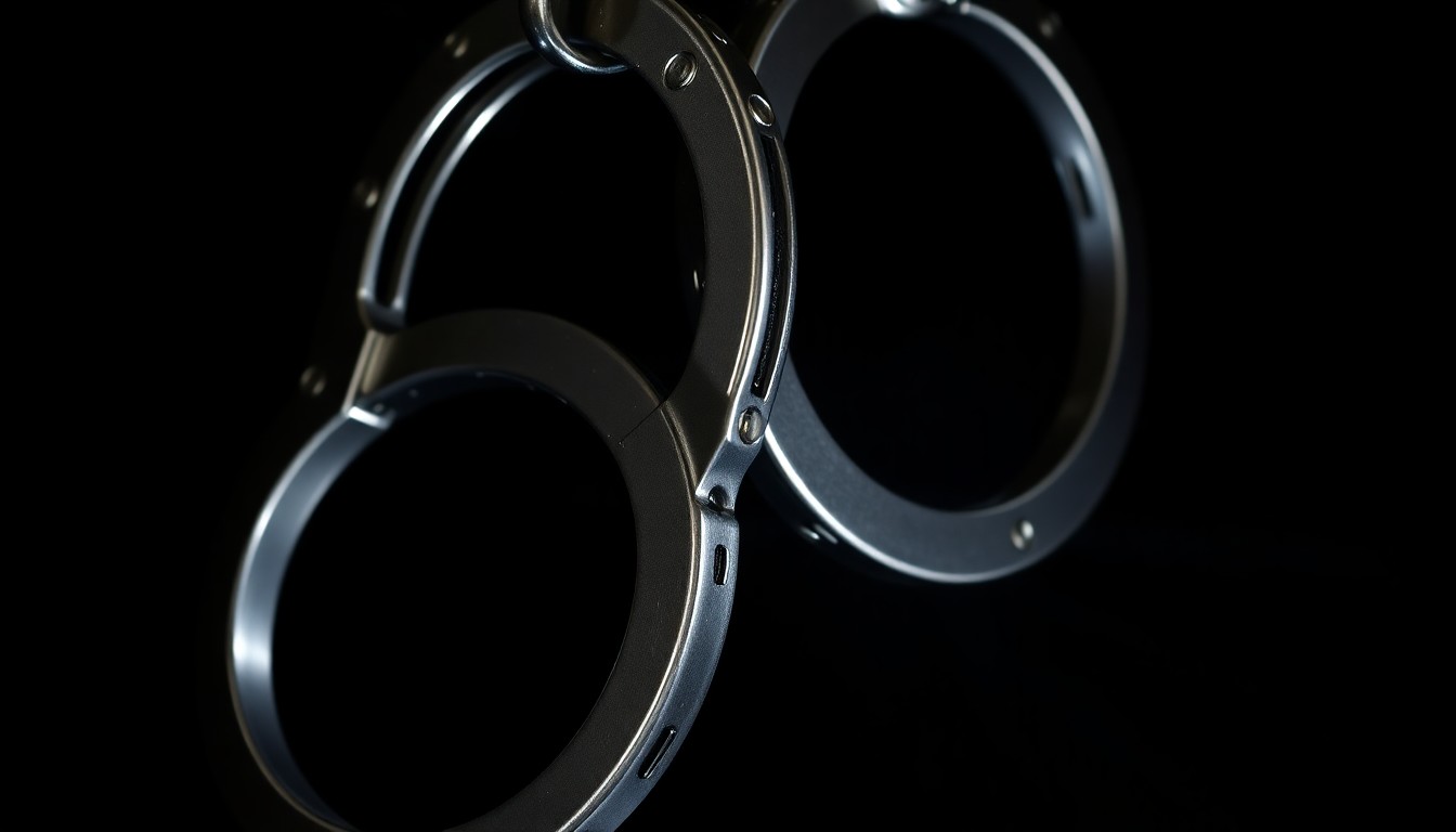 An extreme close-up photograph of a pair of handcuffs against a pitch-black background, lit by a harsh, direct camera flash, conceptually illustrating the severity of the alleged crimes.