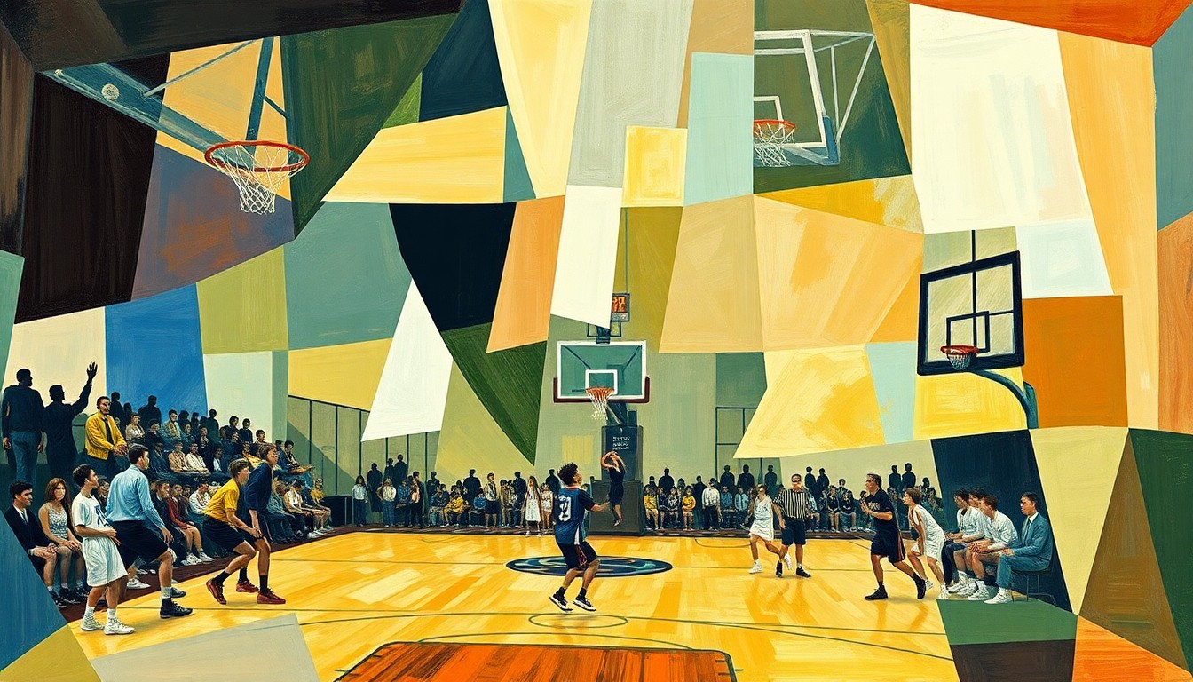 A fragmented, geometric painting depicting a high school basketball player in motion, with overlapping planes and shapes representing the fast-paced action of the sport.