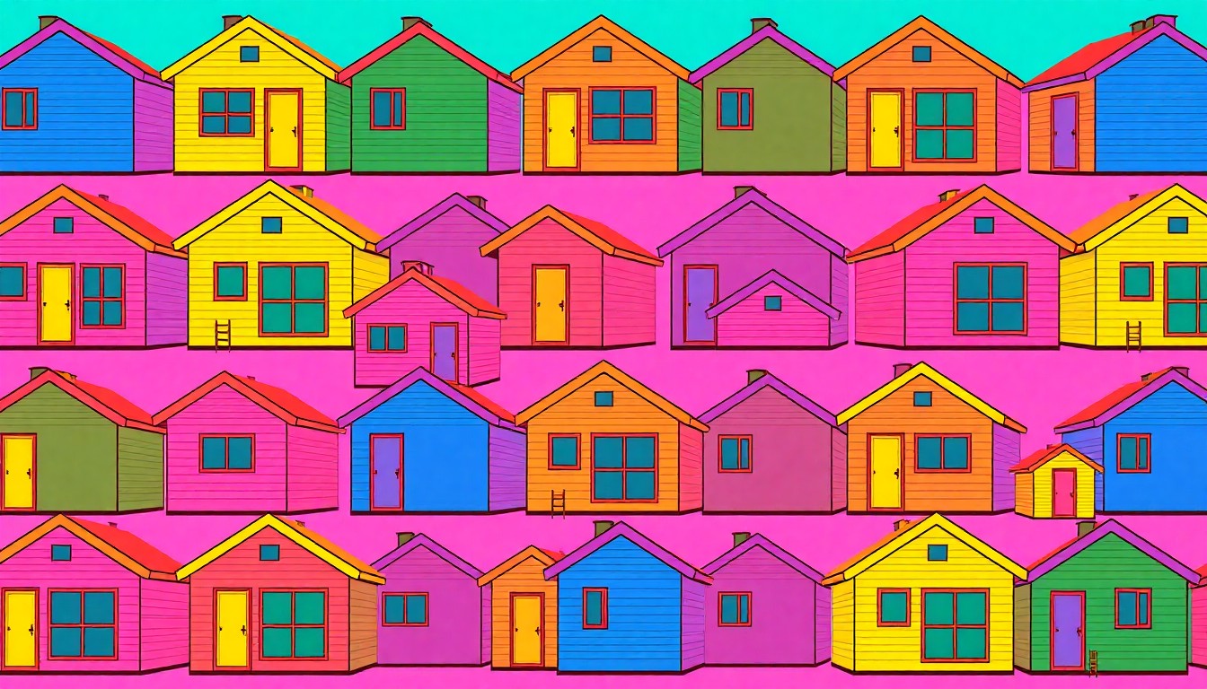 A vibrant, high-contrast silkscreen illustration featuring a repeated pattern of a small, modern tiny home design in bright neon colors, conceptually representing an innovative affordable housing solution.