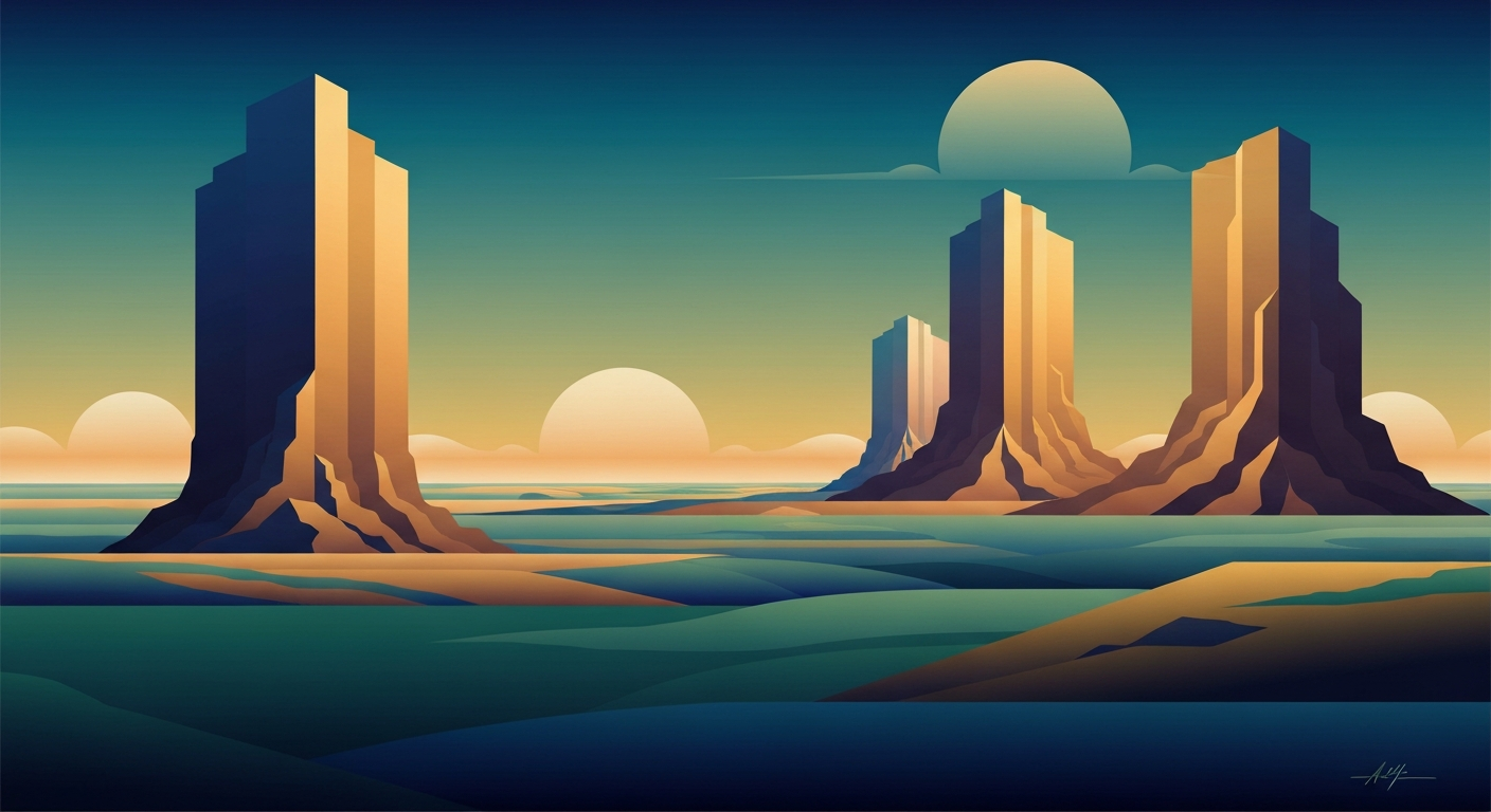 A bold, geometric illustration in the Art Deco style, featuring sweeping, streamlined forms and towering forced perspectives of North Dakota's natural landscapes, conceptually representing the state's thriving tourism industry.