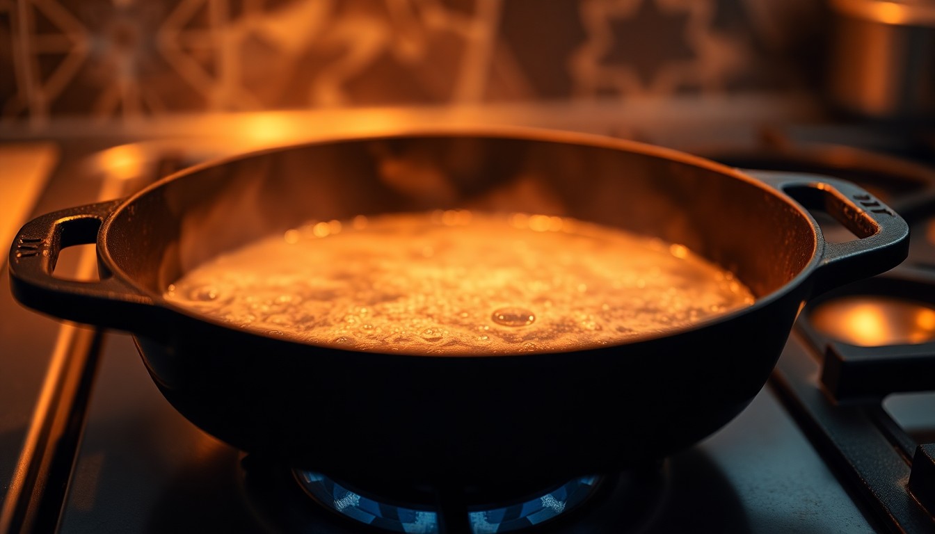 An abstract, out-of-focus photograph showing the warm glow and soft textures of a cast-iron skillet on a stovetop, conceptually representing the cozy, social atmosphere of indoor grilling.