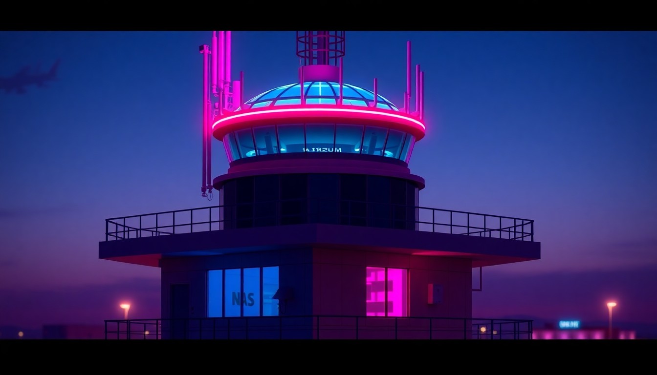 A highly detailed, glowing 3D illustration of a modern air traffic control tower with a radar dome and array of antennas, conceptually representing the advanced technology and infrastructure powering the naval base's flight operations.
