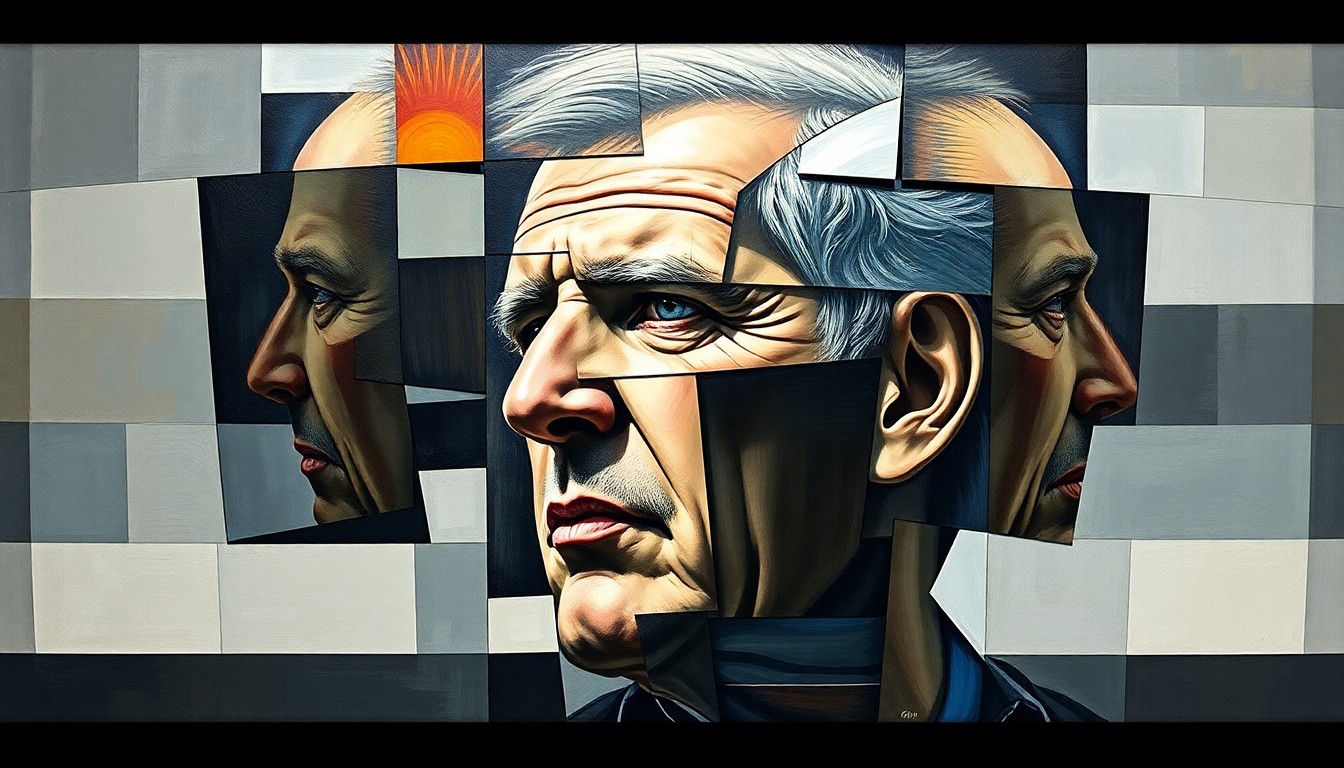 A cubist-style painting featuring sharp, overlapping geometric shapes in muted tones, conceptually depicting the breakdown of a coach's career and personal life.