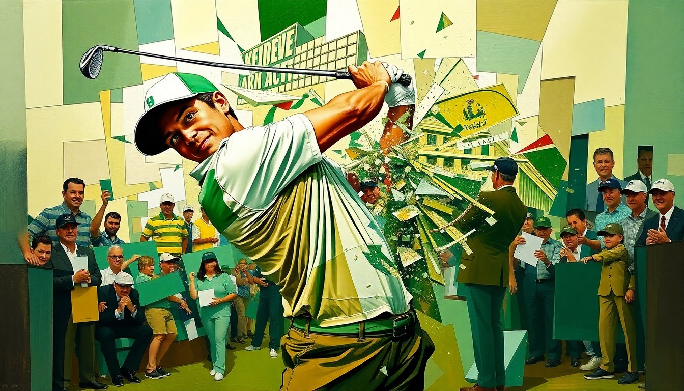 A fractured, geometric painting depicting Sergio Garcia's golf swing and the aftermath of him shattering his driver on the ground, with overlapping planes of vibrant green, brown, and white colors conveying the raw energy and emotion of the moment.