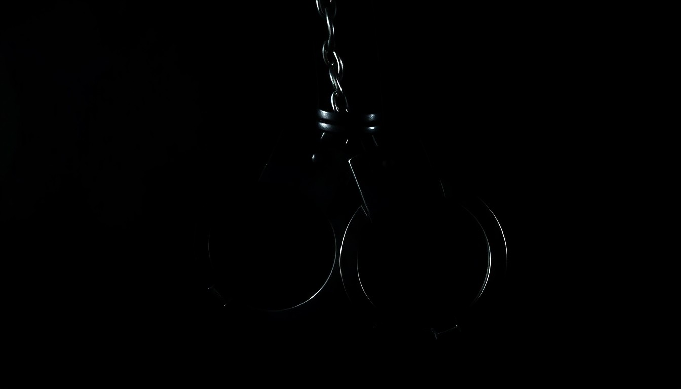 An extreme close-up of a pair of metal handcuffs against a stark, black background, conceptually representing the legal consequences of a religious leader's abuse of power.