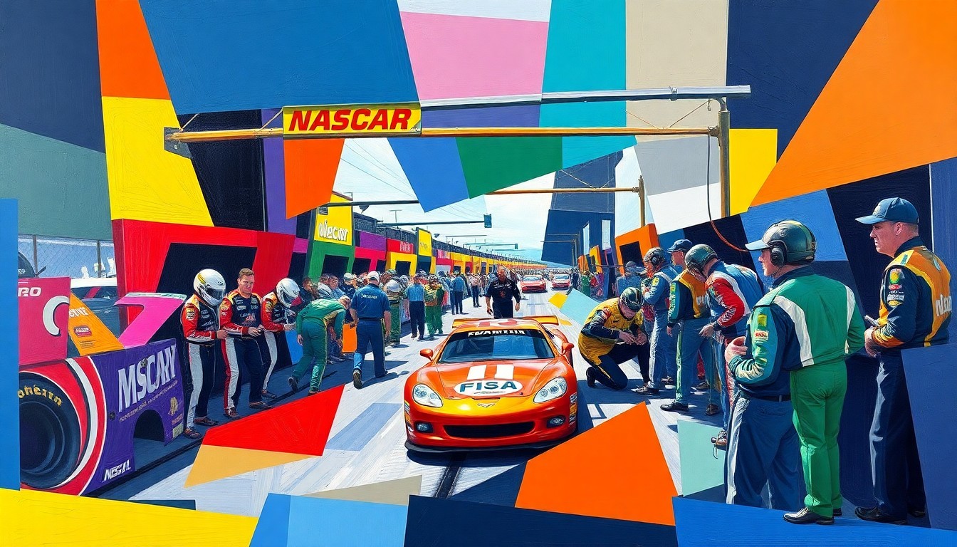 A fragmented, geometric painting depicting the frenetic energy and teamwork of a NASCAR pit stop, with overlapping planes of bright colors representing the various crew members and their roles.