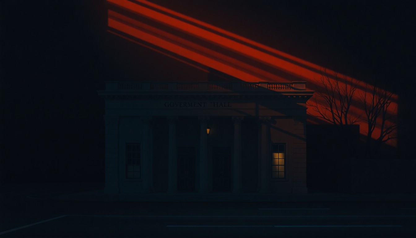 A photorealistic painting of a government building in a warm, golden light, with deep shadows casting across the facade, conveying a sense of quiet contemplation and the weight of civic responsibility.