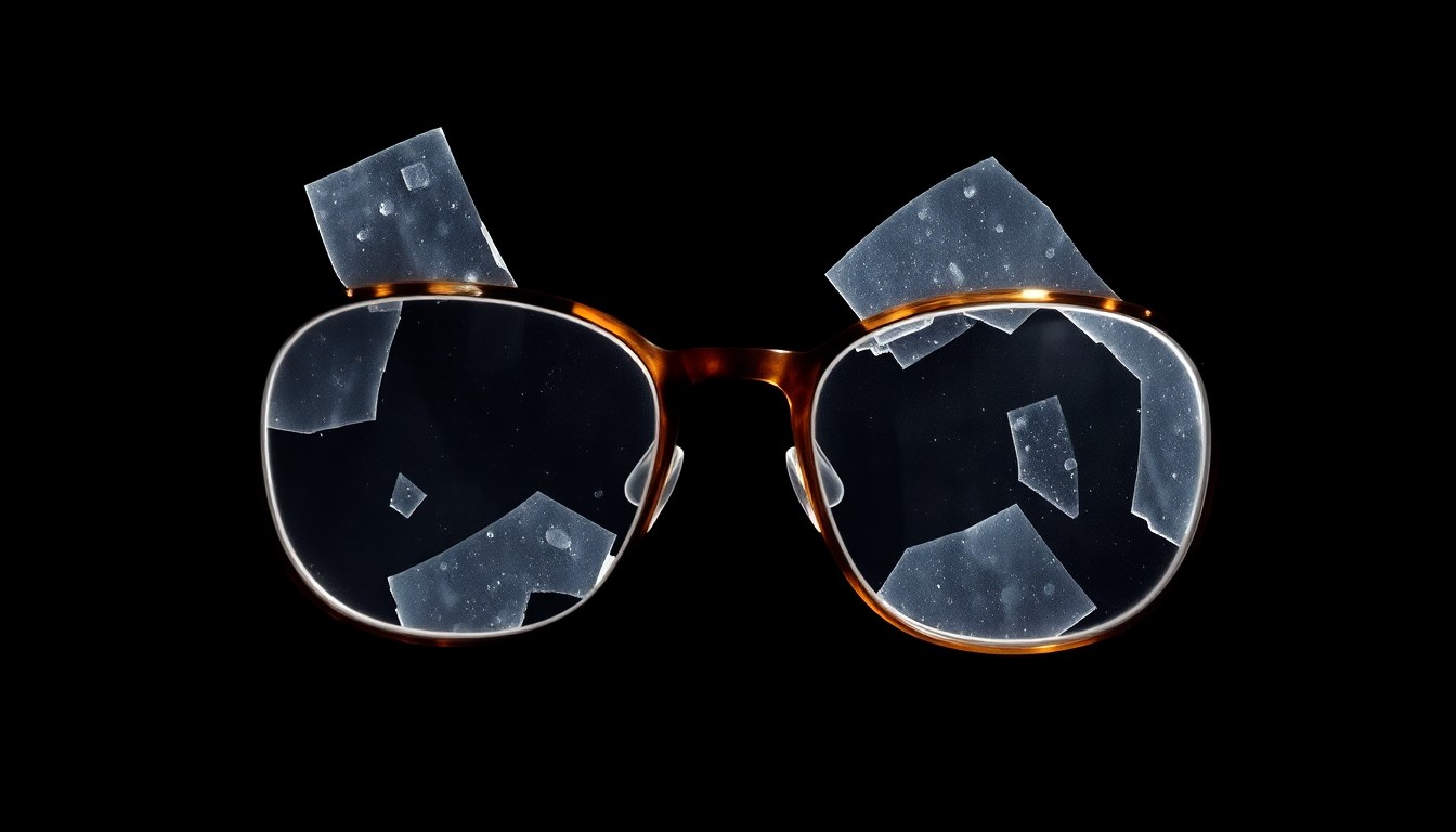 An extreme close-up of a pair of broken eyeglasses, the shattered lenses and twisted metal frame conveying the violence and trauma of a hate crime.