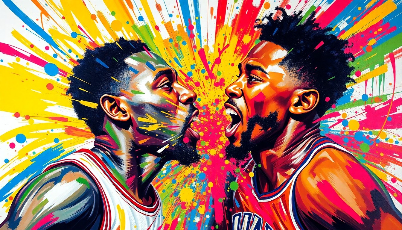 An abstract expressionist painting in vibrant neon colors, capturing the chaotic collision between two basketball players in mid-air, their forms dissolving into unrecognizable brushstrokes and splatters of paint.