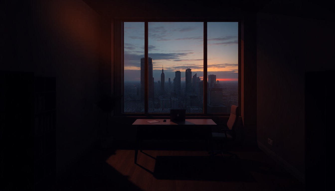 A dimly lit, cinematic office space with a large window overlooking a city skyline at dusk, conceptually representing the contemplative mood of a political power broker's decision to forgo a gubernatorial bid.