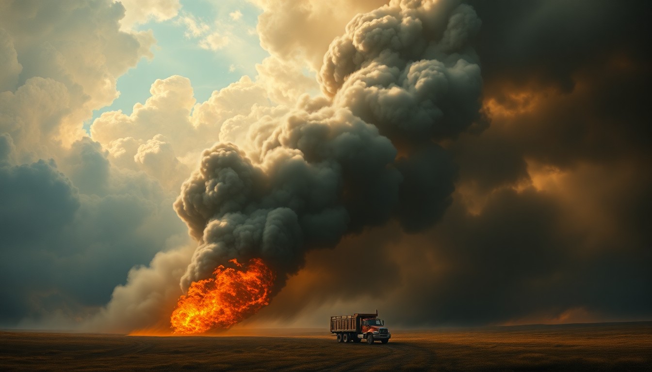 A sweeping, atmospheric landscape painting depicting a massive plume of dark smoke rising from a small commercial truck engulfed in flames, the vehicle nearly obscured by the overwhelming scale of the natural environment.