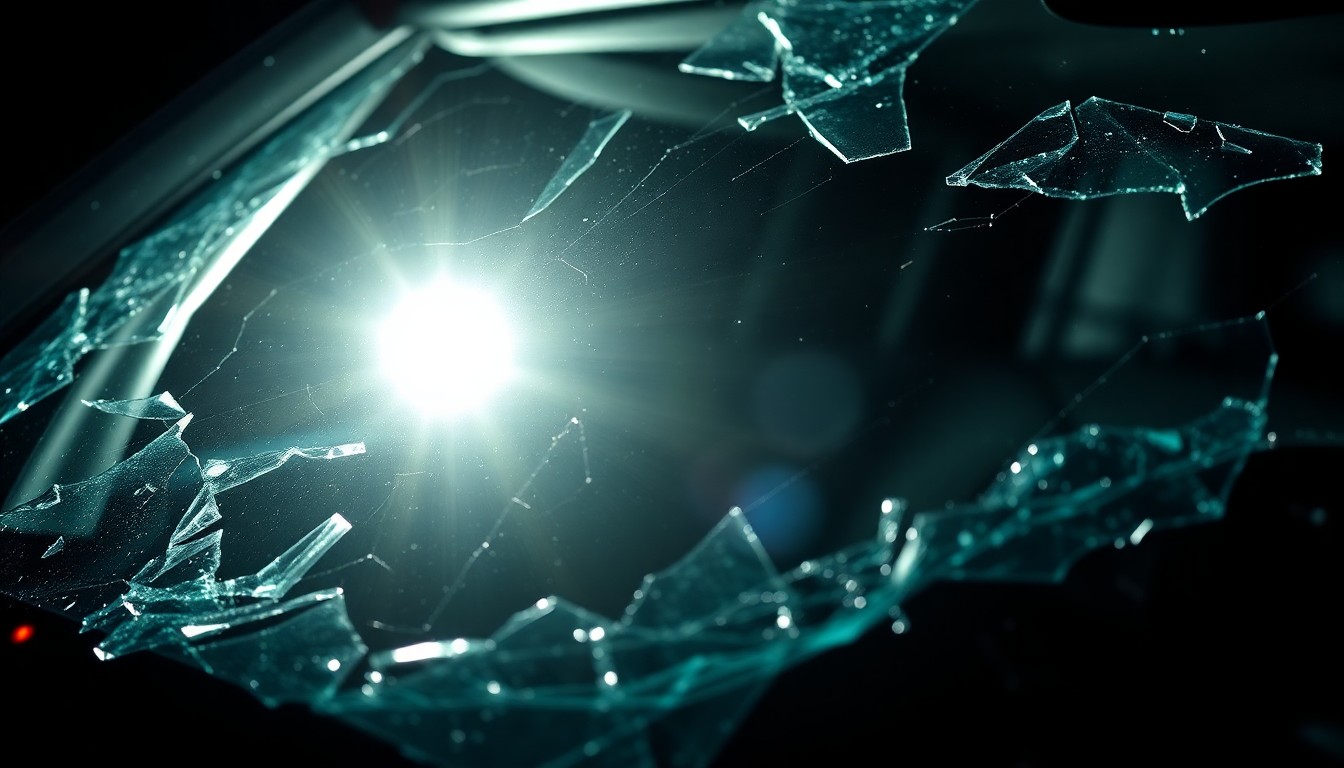 An extreme close-up photograph of a shattered car windshield reflecting the harsh glare of a camera flash, conceptually representing the aftermath of a fatal drunk driving collision.