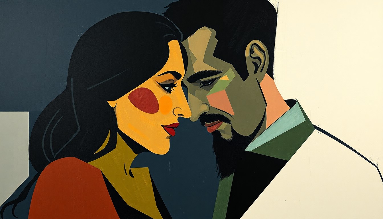 A fractured, geometric painting depicting an abstract, multi-angled view of two figures interacting, conceptually representing the nuanced dynamics between a sports reporter and a coach.