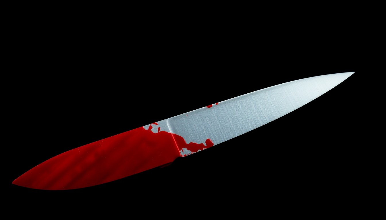 An extreme close-up photograph of a bloody knife against a stark black background, creating a gritty, investigative aesthetic that conceptually represents the violent home invasion incident.