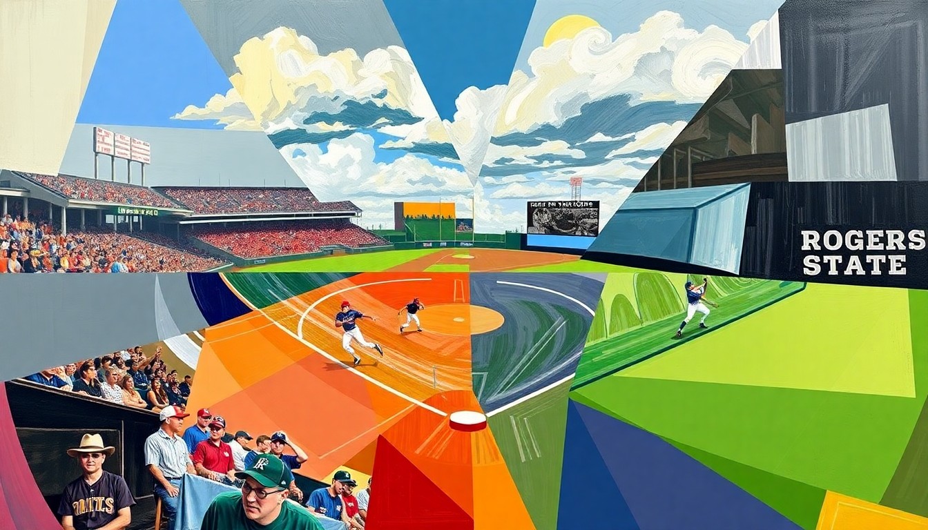 A cubist, multi-angled painting in shades of blue, red, and gold, capturing the dynamic movement and competition of a college baseball or softball game.