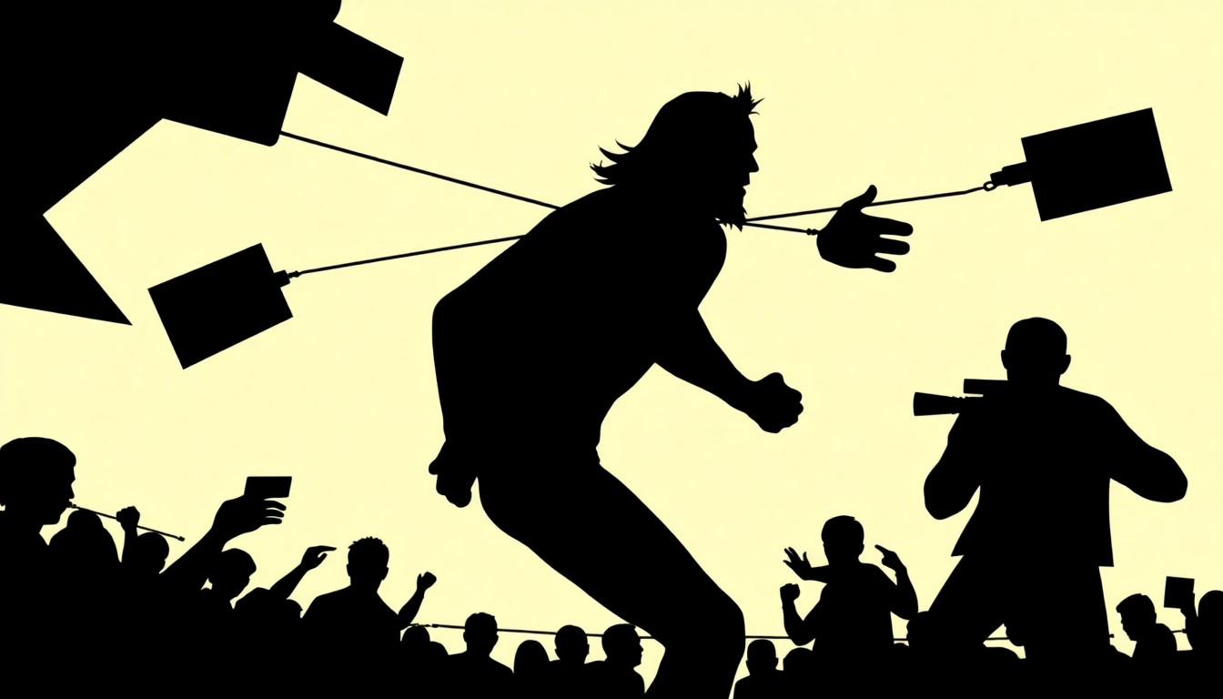 An abstract, minimalist illustration featuring sharp, angular black silhouettes and geometric shapes in contrasting colors, conceptually representing the competing forces pulling at a wrestler's career.