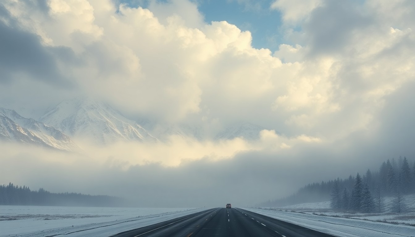 A sweeping, atmospheric landscape painting in muted tones of gray, white, and blue, depicting a snow-covered mountain range shrouded in heavy fog and swirling clouds, conceptually representing the overwhelming power of nature and the hazards of winter driving conditions.