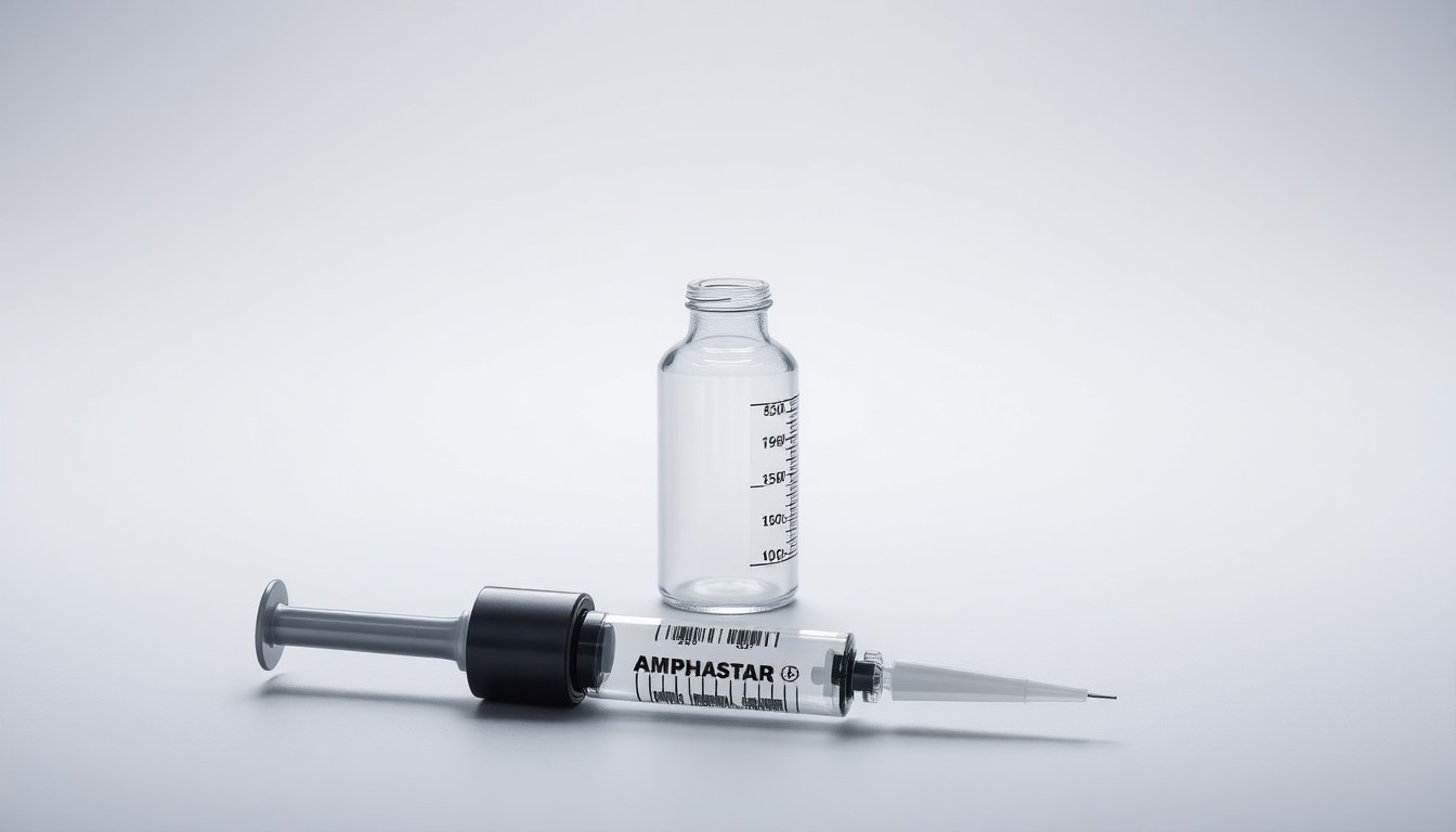 A photorealistic studio still life featuring a glass vial, a syringe, and a nasal spray device, symbolizing Amphastar's expertise in injectable and nasal delivery products.