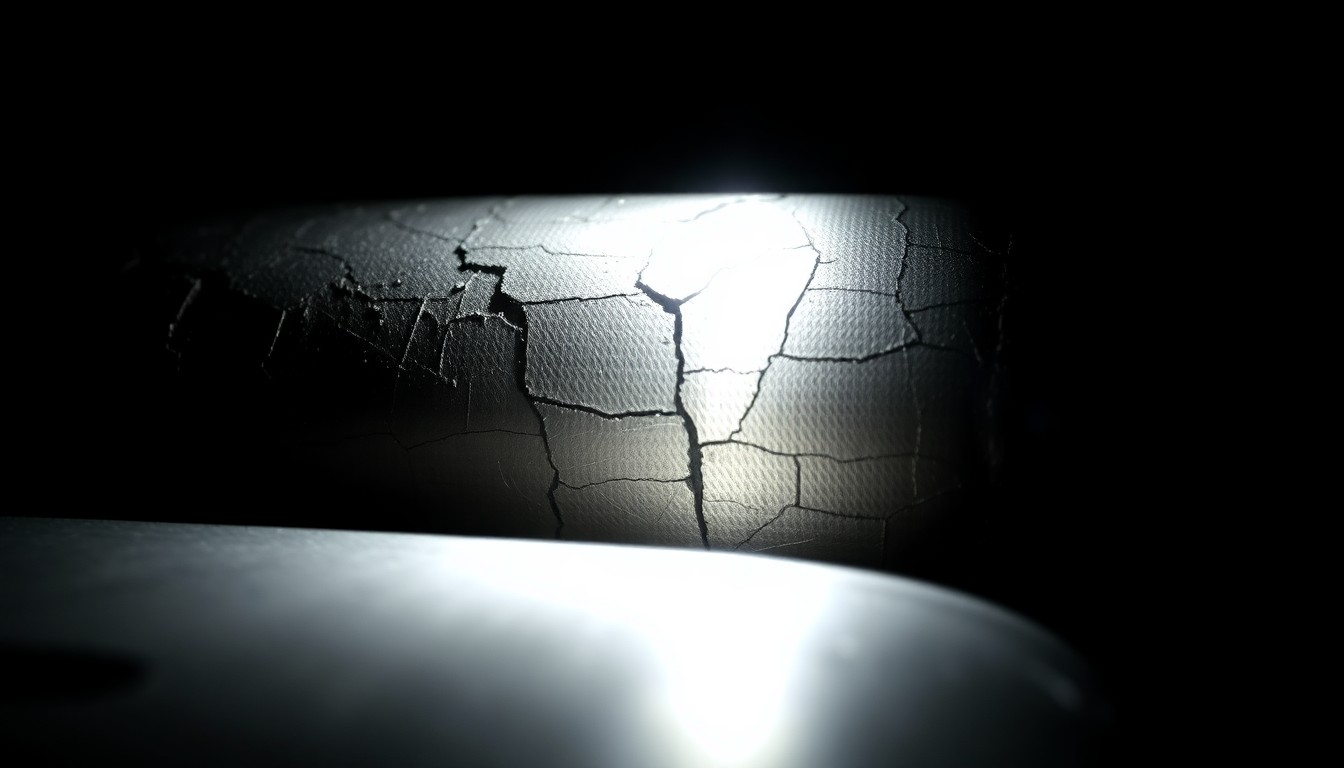 An extreme close-up photograph of a cracked and weathered metal object, such as a car part or household item, lit by a harsh, direct camera flash against a pitch-black background, conveying a stark, gritty, and investigative aesthetic without depicting any violence.