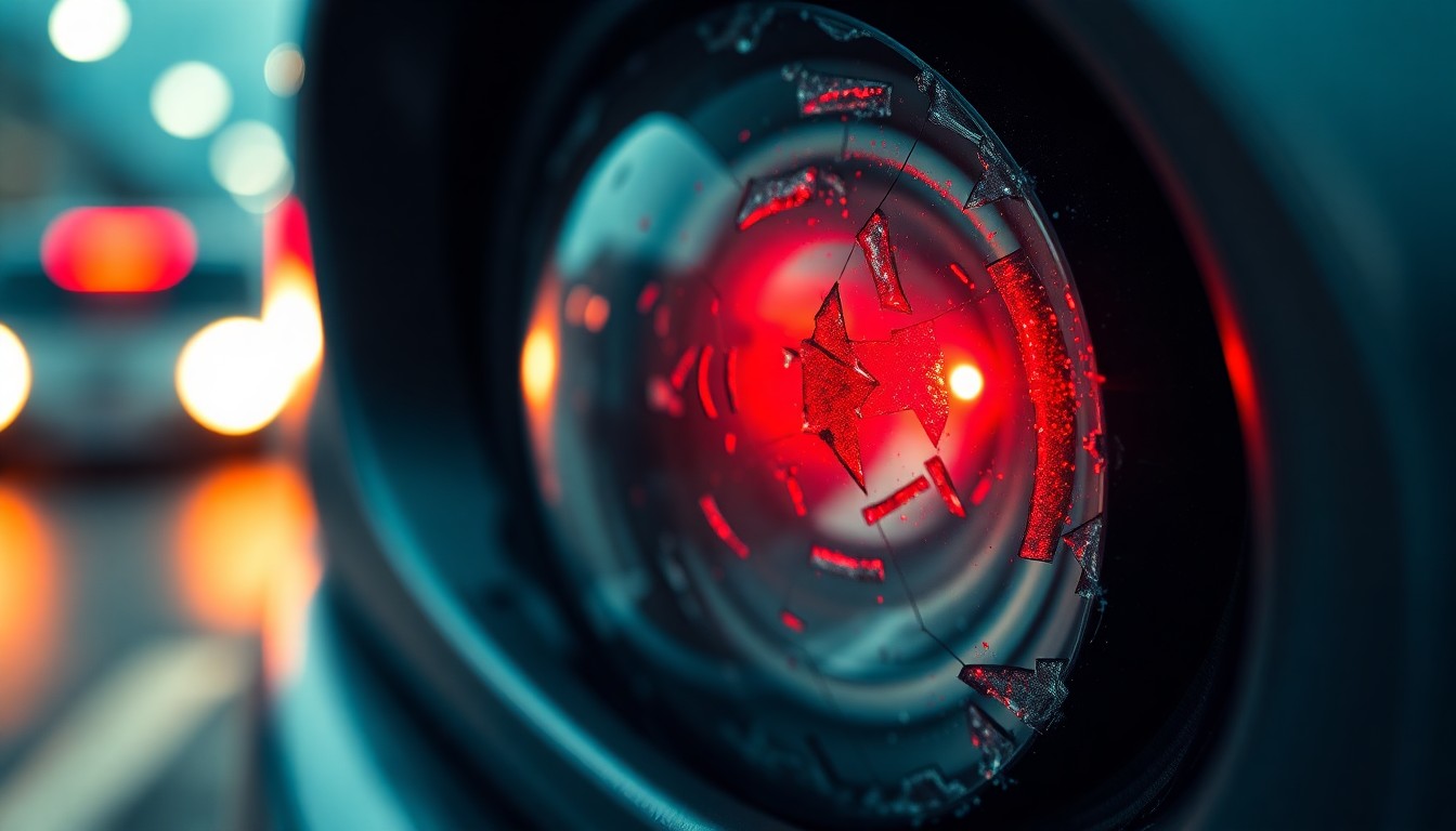 An extreme close-up photograph of a shattered car sensor lens reflecting a faint red light, conceptually representing the aftermath of a collision between emergency and public transit vehicles.