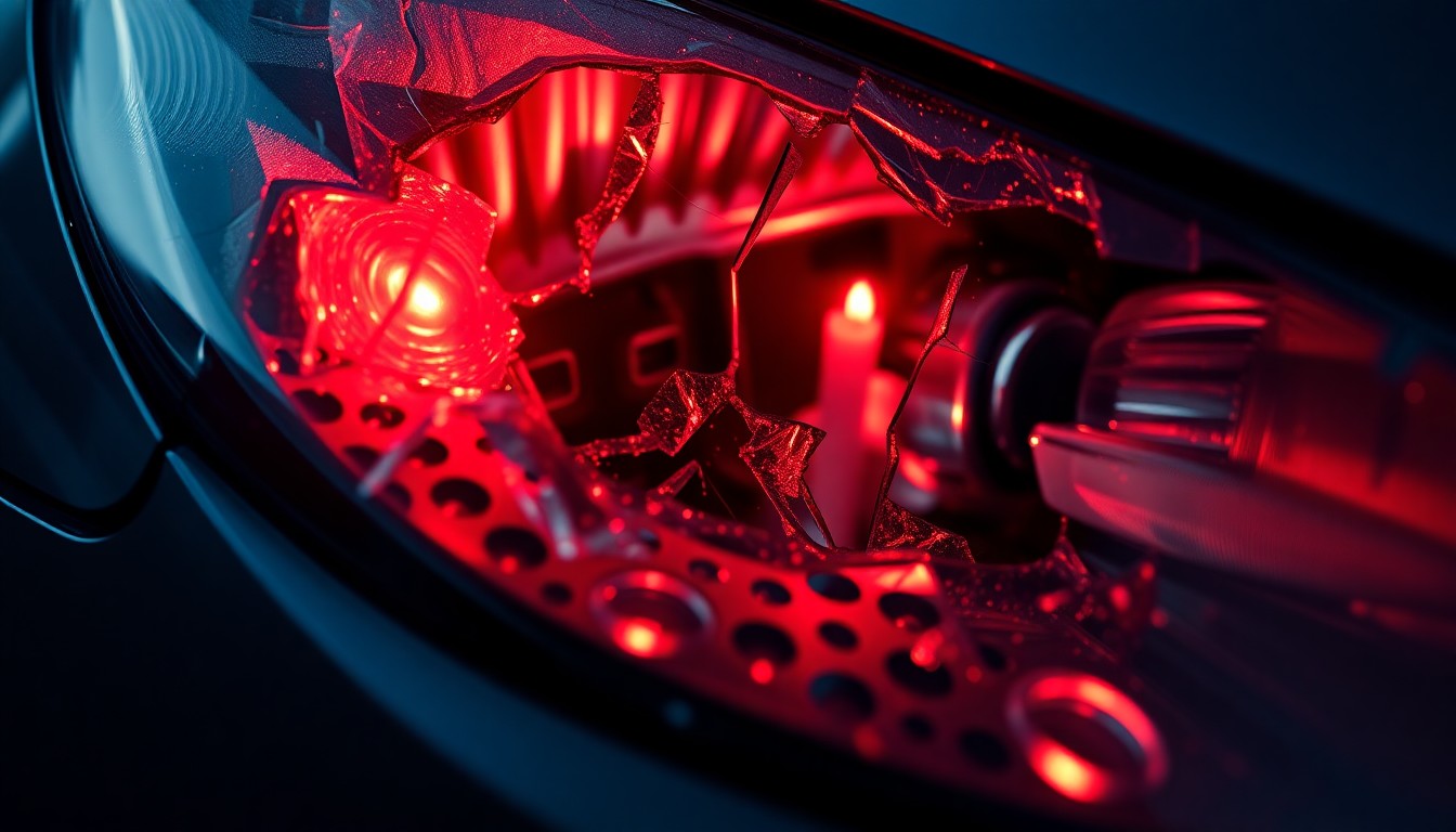 An extreme close-up photograph of a shattered car headlight lens reflecting a faint red light, conceptually illustrating the aftermath of a vehicular crash.