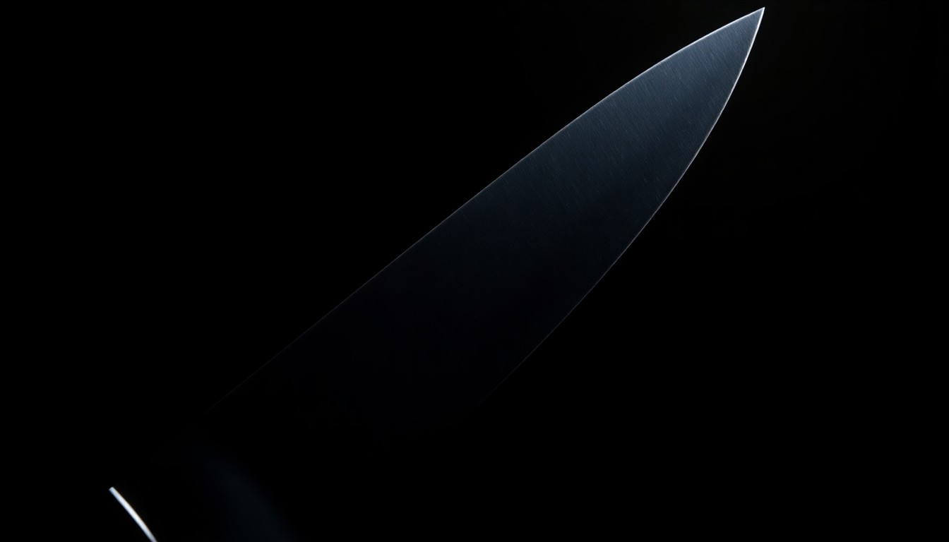 An extreme close-up of a sharp knife blade reflecting a bright flash of light, conceptually representing the violence of a crime scene.