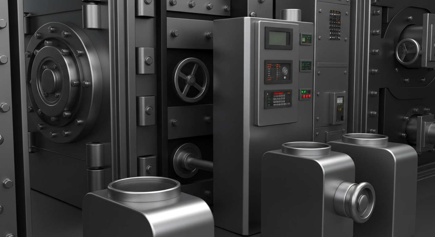 A dramatic, close-up view of various heavy, metallic banking machines and equipment, such as vault doors, coin counters, and security systems, all in shades of steel grey, silver, and black. The industrial, mechanical nature of these objects represents the institutional strength and security of the banking system.