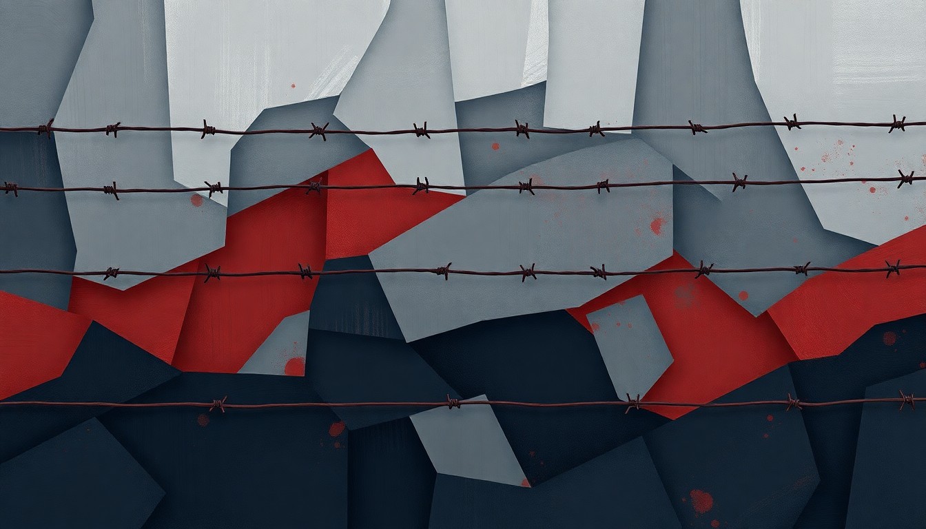 A dynamic, fragmented painting depicting a barbed wire fence in shades of grey, navy, and rust, symbolizing the chaotic and dehumanizing nature of the immigration detention system.