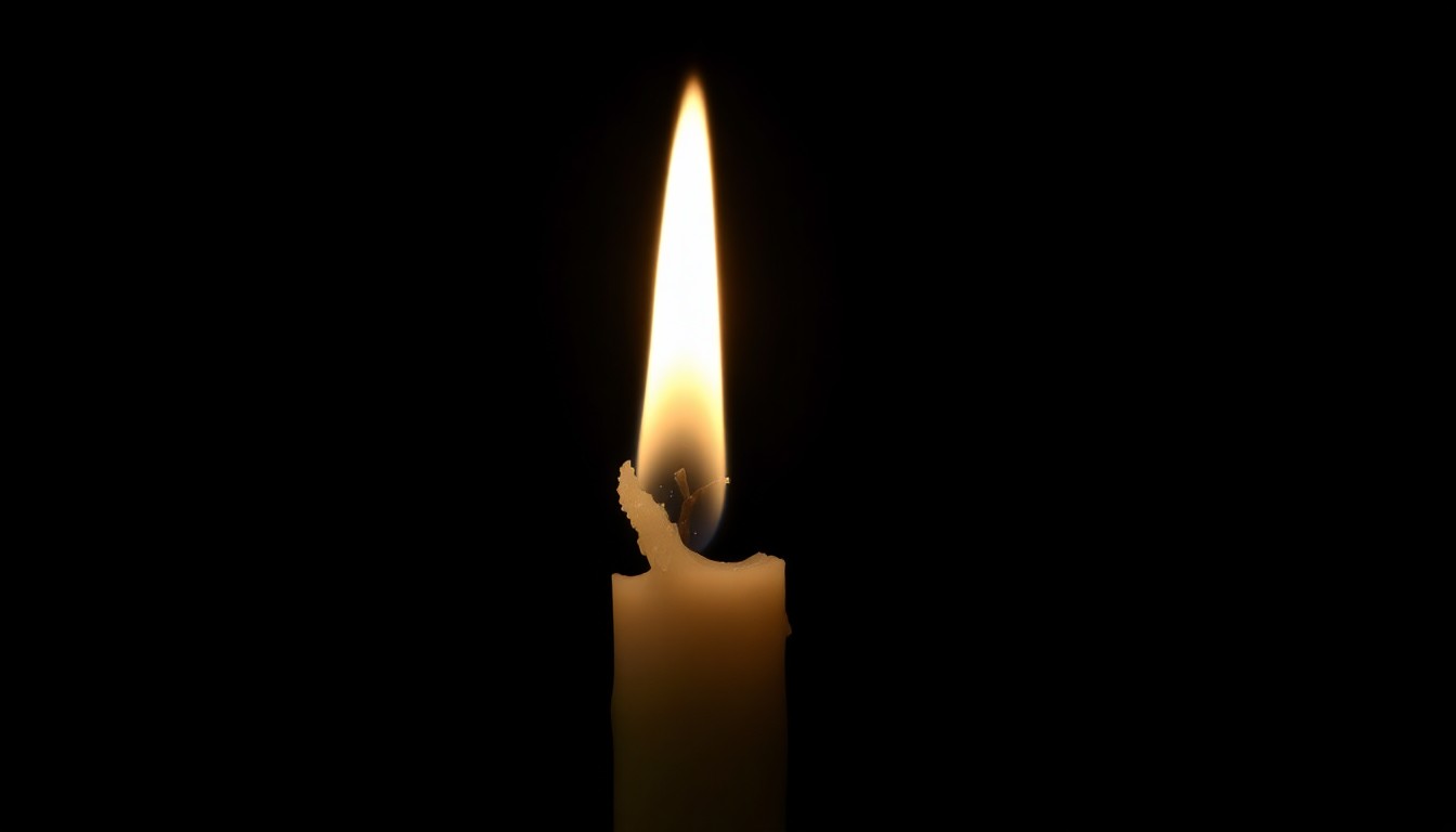 An extreme close-up photograph of a partially melted candle wick against a pitch-black background, lit by a harsh, direct camera flash, creating a stark, gritty, investigative aesthetic.