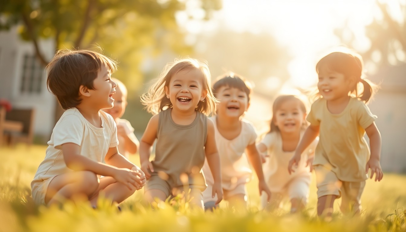 An out-of-focus, dreamlike photograph showing the blurred silhouettes of several children playing together in a sunlit outdoor setting, conveying a sense of warmth, safety, and optimism.