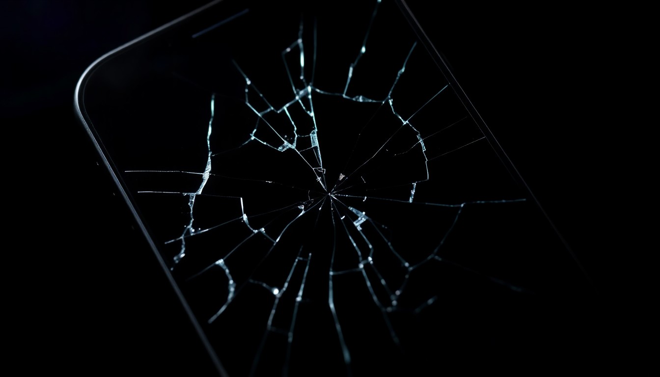 An extreme close-up photograph of a cracked smartphone screen reflecting a distorted, shadowy figure, conceptually representing the violation of privacy in a stalking case.