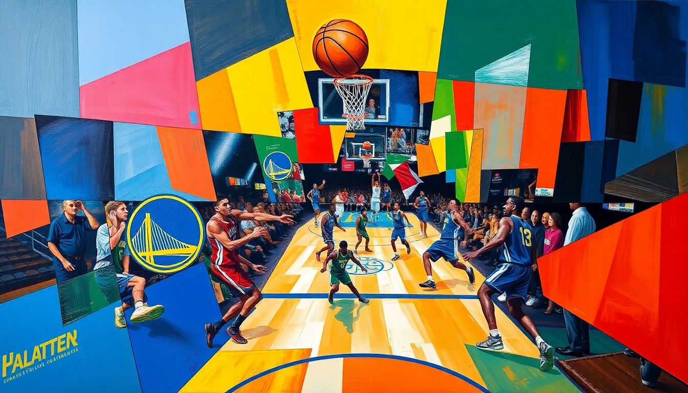 A cubist, geometric painting depicting a basketball game or match, with overlapping planes of color and shape representing the dynamic action and competitive energy of the players on the court.